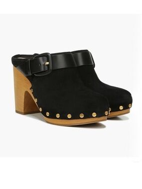 Veronica Beard Dacey buckled studded black suede stacked heel clogs size 8 new